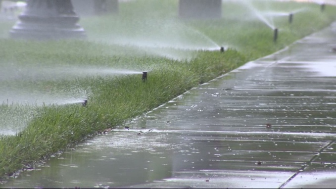 Sprinklers spraying water on the grass