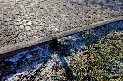 Frozen sprinkler head next to sidewalk | Conserva Irrigation