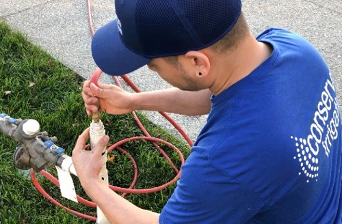 person inspecting sprinkler