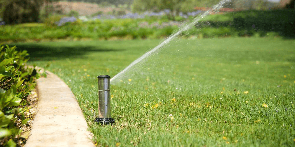 Beautiful Lawn With Sprinkler Going Off Watering The Lawn