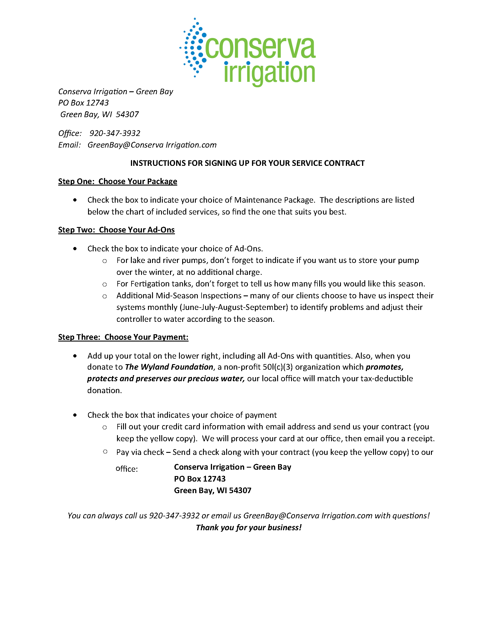 Conserva Irrigation Instructions for Signing Up for your Service Contract