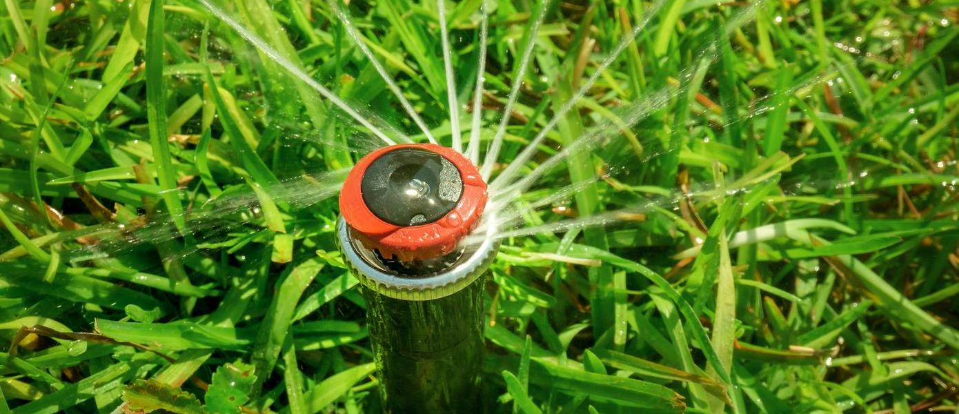 Close up of a water sprinkler with an orange head