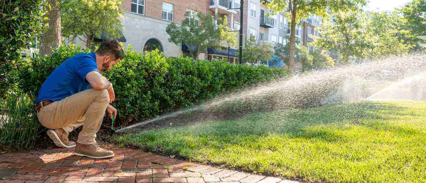 Conserva employee installing and working on a sprinkler spraying water by bushes